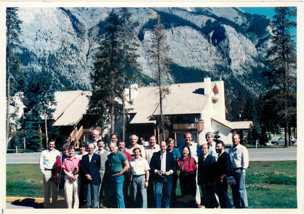 ISCCP WGDM Meeting in Banff, Canada, 1988  (from left) Steven Lapczak (SPC, AES/Canada), Doris Stroup (NASA/USA), Mary Reph (NASA/USA), Kathy Kidwell (SPC, NOAA/USA), Leonid Garder (GPC, NASA/USA), Roy Jenne (NCAR/USA), Garrett Campbell (SPC, CSU/USA), Robert Schiffer (Project Manager, NASA/USA), Thomas Kaneshige (WCRP JPS, Switzerland), Chris Brest (GPC, NASA/USA), Thomas Vonder Haar (WGRF, CSU/USA), Robert Reeves (NOAA/USA), Ehrhard Raschke (WGRF, U Cologne/Germany), Mike Connelly (SPC, AES/Canada), Donald Wylie (SPC, U Wisconsin/USA), unknown, Brian Mason (SPC, ESA/UK), Takenori Noumi (SPC, MSC/Japan), Scott Wagner (FIRE Project Manager, NASA/USA), Gerard Therry (SCC, CMS/France), William Rossow (GPC, NASA/USA)